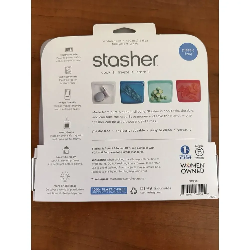 Stasher Sandwich Size Clear Silicone Reusable Bags 2-Pack Plastic Free